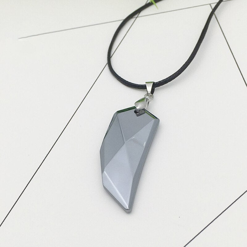 Terahertz Stone  Faceted Feather Necklace.  18mm x 50mm